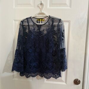 Nanette Lepore Navy Sheer Lace Blouse
